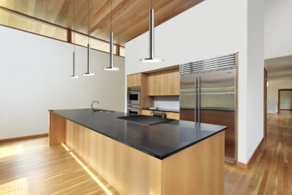 Kitchen in ultra modern home with black granite island